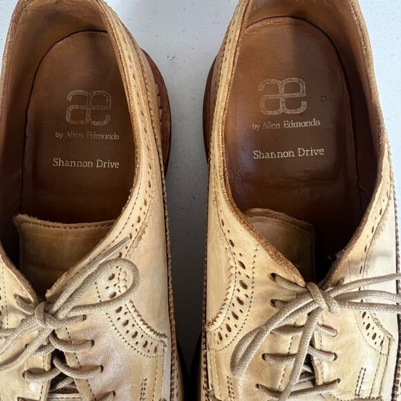 Allen Edmonds Shoes Mens 11.5 E Tan Leather Shannon Drive Brogue Long Wingtip - Picture 3 of 11